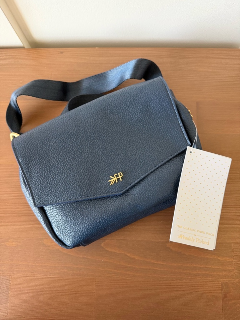 Freshly Picked Navy Pebbled Crossbody with Gold Logo Accent